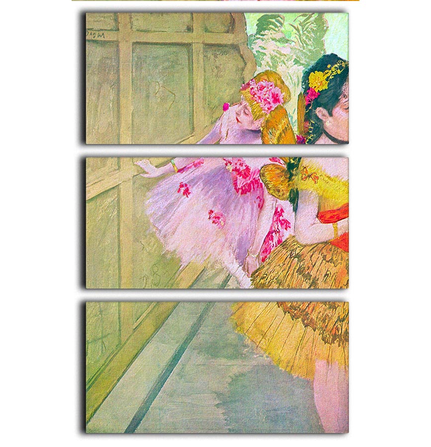 Three-panel canvas print featuring Degas's Dancers behind a backdrop, showcasing elegant ballet dancers in a captivating design.